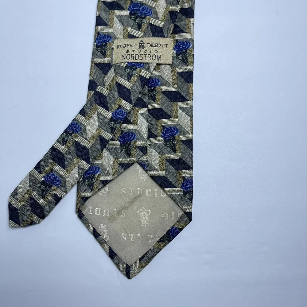 Robert Talbott‎ Nordstrom Men's Silk Necktie Designer Geometric Gold Blue Roses